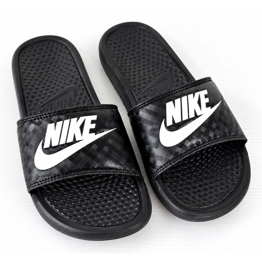 Nike Benassi JDI Women’s 7 Black White Slide Sandals 343881-011 Diamond Logo